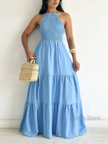 Elastek Elegant Slit Halter Neck Long Dress - 淺藍色 - 查看 1