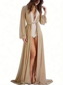 Women Chiffon Bikini Cover Ups Long Sleeve Deep V Neck See-Through Maxi Dress Sexy Lace-Up Summer Beachwear - 肉桂色 - 查看 2