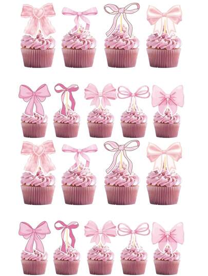 18/36PCS Pink Bow Cupcake Toppers Birthday Party Decorations, Bowknot Birthday Cupcake Toppers,Bachelorette Wedding Party Decorations,Pink Bow Cake Smash Photo Props