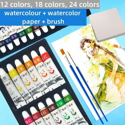 12/18/24色水彩颜料套装，包含10张水彩纸和2支画笔，非常适合制作DIY感谢卡、水彩画、素描、折纸和学校美术用品。