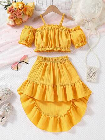 2 pezzi Set di blusa con balze e maniche a palloncino + gonna in vita alta con balze per ragazze giovani, ideale per vacanze, feste in spiaggia, adatto per bambine di 4-7 anni, primavera/estate