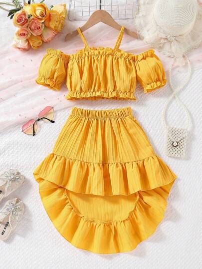 2pcs Young Girls Ruffle Blouse With Puff Sleeve & Ruffle High-Waist Skirt Set, & Flattering For Vacation, Beach Party, Suitable For 4-7 Years Old, Spring/Summer