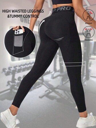 Sport Studio Letter Pockets Sports Yoga Pants Hip Lifting Legging High Waisted Pants Hig Elastic Trousers Fit Soft Fabrics Seamless Basics Casual Simple Sports Breathable Quick-Drying Cooling Cycling Running Strength Workout