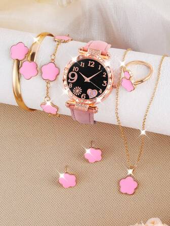 7 件套粉色 PU 皮革女孩手表、四叶草手链、项链、耳环和戒指套装