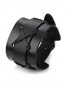 Xiacheng 1条时尚朋克风真皮手链，宽版男士真皮手链