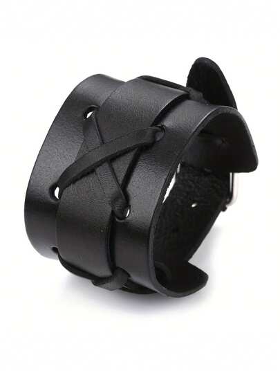 Xiacheng 1条时尚朋克风真皮手链，宽版男士真皮手链