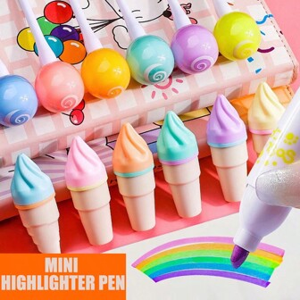 6pcs Mini Fluorescent Highlighter Pen Set, Cute Stationery For School & Office, Student Drawing Supplies, Kawaii Ice Cream Design Marker Pens For Painting, Doodling, Drawing, Writing, Learning, Holiday Gift, Study Award, DIY Pen Set,Back To School