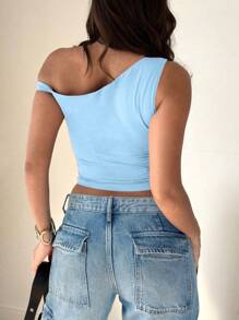 Women's Plain Simple Casual Asymmetric Shoulder Short Sleeve Top - 淺藍色 - 查看 4