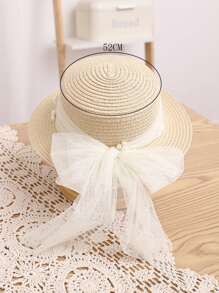 1pc Girls' Cute Princess Style Straw Flat Top Hat, Sun Protection Beach Cap, Suitable For Daily Wear, Summer - View 7