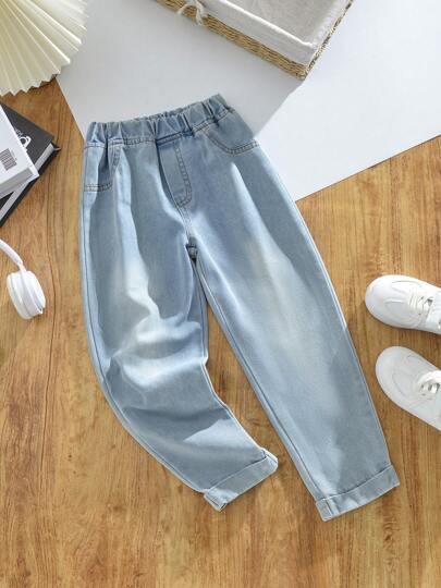 Boys' & Unisex All-Match Casual Light Blue Denim Jeans, Elastic Waistband Comfortable Soft Cotton Loose Fit Pants, Versatile For Daily Wear All Year Round