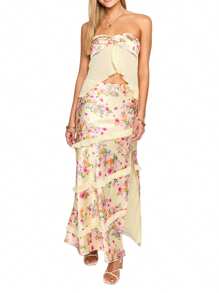 Women's 2 Piece Skirt Sets Off Shoulder Split Front Strapless Crop Tube Top Bodycon Maxi Skirt Summer Floral Outfits - Bụi hồng - Xem 1