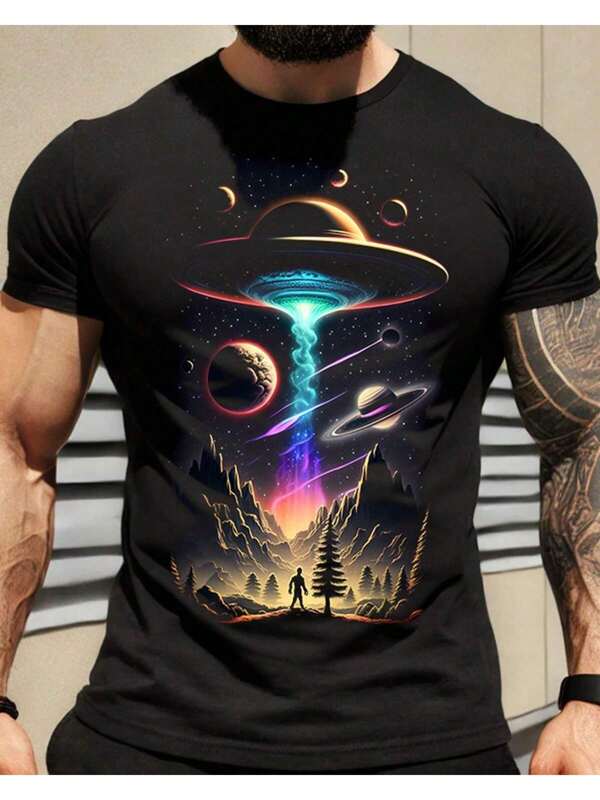 Camiseta Masculina UFO Abdução em Algodão Preto - Design Futurista