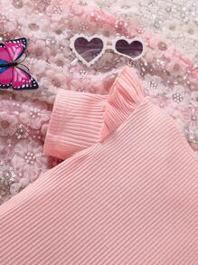 Young Girls Ribbed Solid Color Cap Sleeve Ruffle Top & Butterfly Print Strap Shorts 2 Pieces Set, Spring/Summer