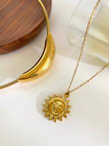 Monlansher 1pc Women's Stainless Steel Pendant Necklace, Fashion Metal Sun Flower & Smiling Face Hollow Curved Tube Pendant Design On Snake Chain, Stylish Layered Necklace