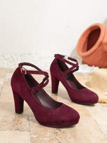 Women's Burgundy Crossover Strap Round Toe Chunky Heel Platform Pumps, Elegant Formal Office Dress Shoes