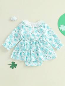 Baby Girl Romper Newborn Dress Long Sleeve Letter Bowknot Doll Collar Bodysuit Ruffle Skirt Cute Spring Clothes - Mint Green - View 3