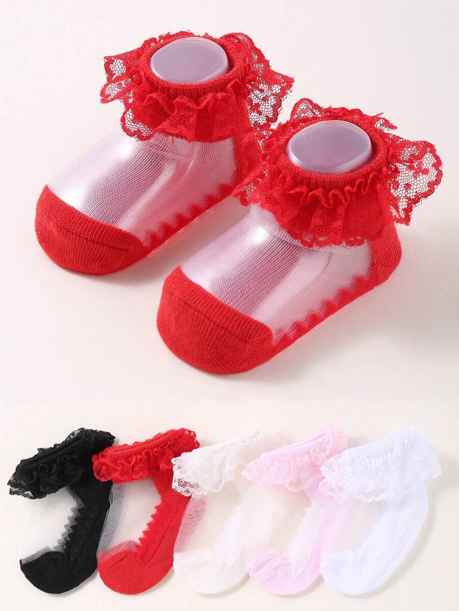 5 Pairs Of Toddler Solid Color Lace Breathable Mesh Socks Princess Style, Soft And Breathable Baby Socks Newborn Infant Socks Cute