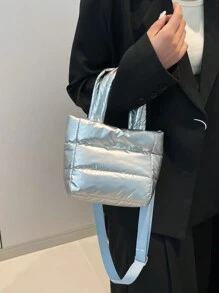 简约轻便尼龙羽绒夹克、多功能迷你手提包和单肩包 - 銀色 - 查看 2