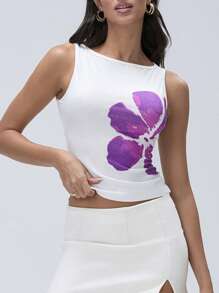 Women's Crop Tank Tops Fitted Flower Print Boat Neck Sleeveless Summer Tops For Party Club