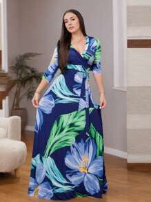 Dresses For Women,Wedding Guest Dresses For Women,Women's V-Neck Three-Quarter Sleeve Tie Pocket Print Dress - 藏蓝色 - 查看 1