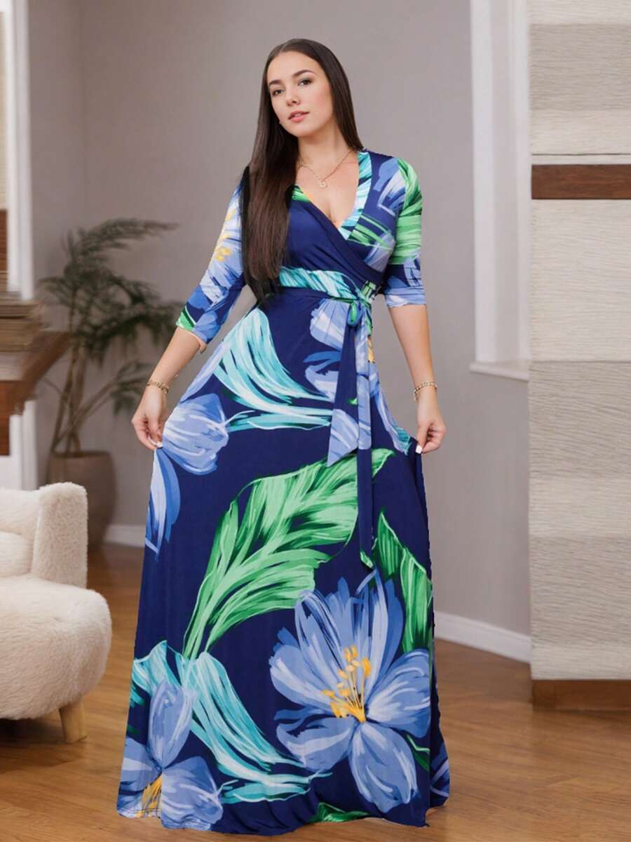 Dresses For Women,Wedding Guest Dresses For Women,Women's V-Neck Three-Quarter Sleeve Tie Pocket Print Dress - 藏蓝色 - 查看 1