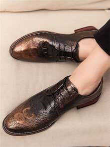 Men's Formal Pointed Toe Lace-Up Embossed Leather Dress Shoes - Brown - View 2