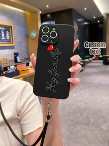1pc Customizable TPU Phone Case With Heart & Text Design, Protective, And 1pc Detachable Black Long Shoulder Strap - Multicolor - View 4