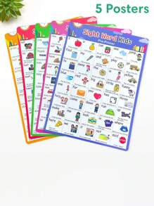 Set de 5 carteles con palabras en inglés de alta frecuencia de 220 palabras de uso frecuente, diseño divertido y creativo, para que los estudiantes aprendan palabras en inglés, ayuda de enseñanza, decoración del aula