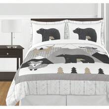 Beige Grey White Boho Mountain Animal Unisex Boy Or Girl Full Queen Size Kid Childrens Bedding Comforter Set For Gray Woodland Forest Friends Collection - 3 Pieces - Deer Bear