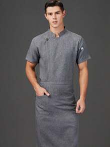 新款短袖灰色厨师夹克，带铜纽扣装饰，透气 - 灰色 - 查看 3