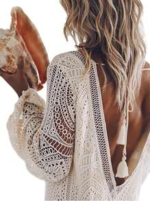 Women Knit Bodycon Dress, Long Sleeve Low-Cut Tie-Up Hollowed Solid Slim Fit Dress For Club Party - 白色 - 查看 3