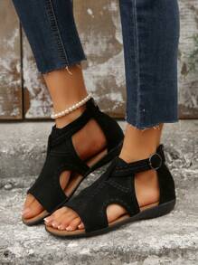 大码女式舒适黑色刺绣罗马凉鞋，户外平底一脚蹬夏季鞋 - 黑色 - 查看 2