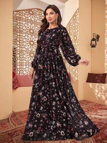 SUPGIR [Random Cut Flower Pattern] Chiffon Lantern Sleeves Elegant Long Evening Dress - Black - View 3