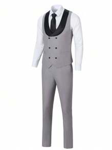 Furuyal Men's Suits Gentleman Solid Slim Fit Business 3 PiecesSuit For Men Blazer Double Breasted Vest Pants Set Party Wedding Prom Light Gray Size XS-3XL