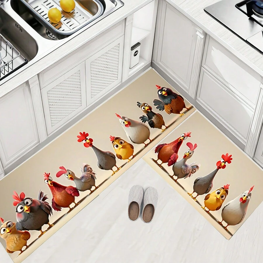 1 件装鸡印花浴室垫 - 超柔软超细纤维，防滑快干，适用于厨房和浴室 - 彩色 - 查看 1