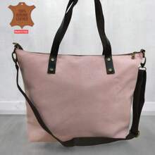 真皮拉链托特包，意大利制造，大容量时尚女士单肩包，简约休闲皮革购物袋，纯色大容量女士托特包 - 粉色 - 查看 2