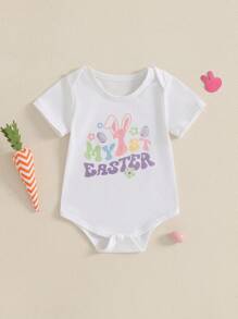 Baby Girls Boys Rompers Easter Clothes Rabbit Ear Letter Print Short Sleeve Summer Bodysuits Jumpsuits - White - View 3