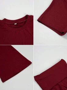 GAOVOT Women's Two Pieces Spring/Summer Home Casual Sports Gym Round Neck Short Sleeve T-Shirt Top And Straight Pant Suit Elegant - Burgundy - View 10