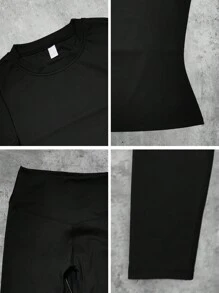 女士柔软吸湿排汗圆领短袖上衣和弹力瑜伽裤套装 - 黑色 - 查看 5