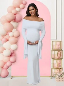 Maternity Open Shoulder Solid Color Long Sleeve Dress, Suitable For Baby Shower Photo Shoot Spring White - White - View 3