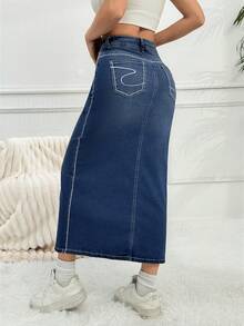 Women Korean Style Embroidered Washed Elastic Denim Skirt - Medium Wash - View 2