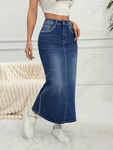 Women Korean Style Embroidered Washed Elastic Denim Skirt - Medium Wash - View 3