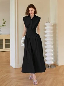 女士纯色无袖优雅中长连衣裙，翻领连衣裙，优雅复古风格，春夏连衣裙，女士夏季服装，毕业典礼，舞会，商务休闲