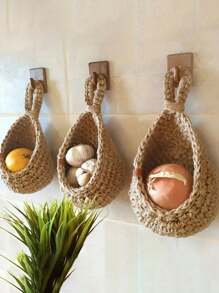 1pc Boho Macrame Wall Hanging Basket, Linen Fruit & Vegetable Storage Hook For Kitchen, Garlic & Onion Rack, Home And Dining Decor Organizer - Multicolor - View 2