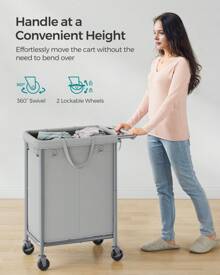 SONGMICS Laundry Basket On Wheels, 2-Compartment Laundry Hamper, 37 Gallons (140L), Removable Liner, Steel Frame With Handle, Large Linen Storage, Grey - Grey - View 5