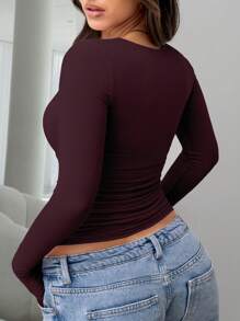 Plus Women's Plain Round Neck Long Sleeve Ruched Fitted T-Shirt, Suitable For Summer And Autumn/Winter Seasons