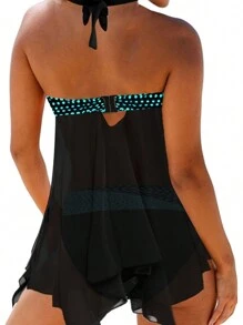 Women Two-Piece Swimming Clothes Set, V-Neck Sleeveless Variegated Color Tops And Panties, Lake Blue/ Green/ Orange/ Purple - 藍色 - 查看 5