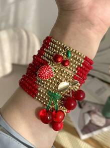 1pc Valentine's Day Y2K Creative Fashion Elegant Multi-Layer Resin Copper Cherry Strawberry Beaded Pendant Woven Bracelet Maas Red Lady Husband And Wife Sisters Couples Jewelry Gifts, Suitable For Daily Gifts Party Date Party Festival Wear Red Jewelry Adjustable Size,Mom,Mother,Mother's Day,Gift