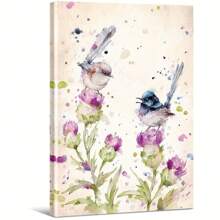 Two Birds On Flowers With Watercolor Effect Large Wooden Framed Wall Art Home Decor Canvas Painting- For Bedroom, Bathroom, Living Room, Office, Kitchen, Holiday Gift- 1pc