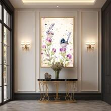 Two Birds On Flowers With Watercolor Effect Large Wooden Framed Wall Art Home Decor Canvas Painting- For Bedroom, Bathroom, Living Room, Office, Kitchen, Holiday Gift- 1pc